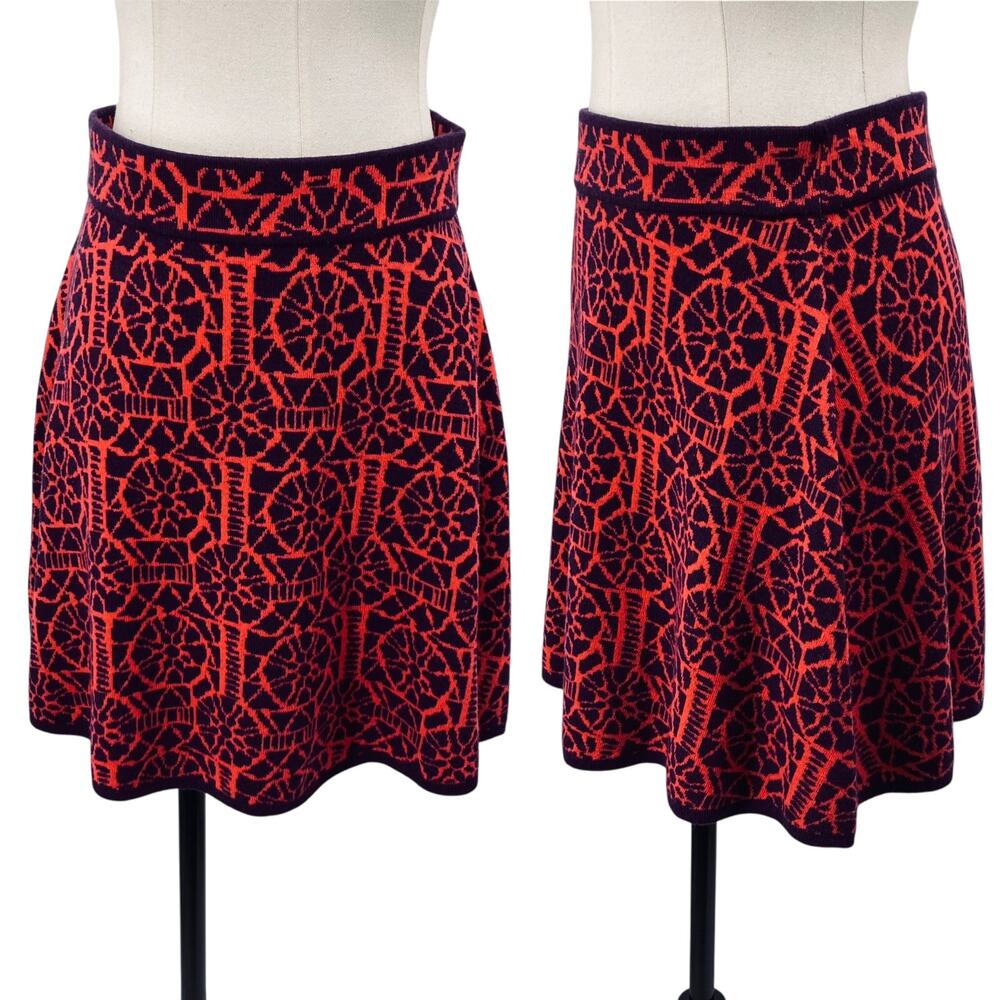 Krimson Klover Mini Skirt Merino Wool Cotton Silk Intarsia Knit Coral Purple S